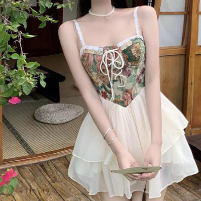 Custom dress | high-end slip dress | bandeau oil painting dress | strappy skinny dress | patchwork puffy dress