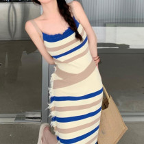 Custom striped knit dress | slip dress | contrast split sexy dress | long dress