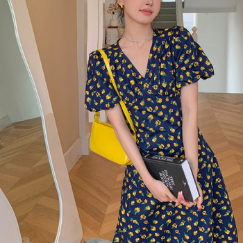 Custom women's dress | summer French dress | V-neck dress | floral puff sleeve dress