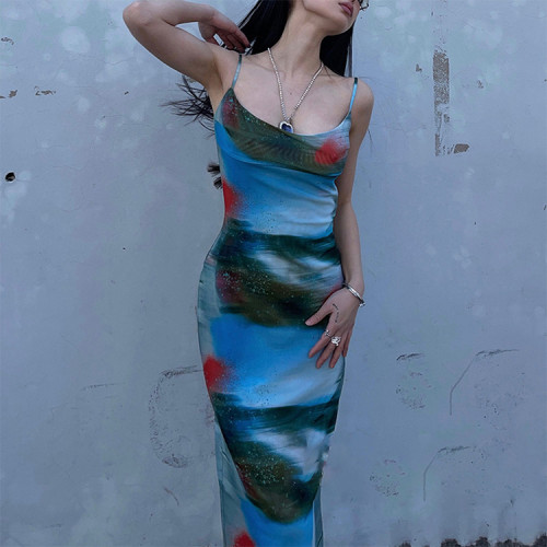 Custom elegant dress | mesh oil painted gradient dress | print slip dress maxi dress