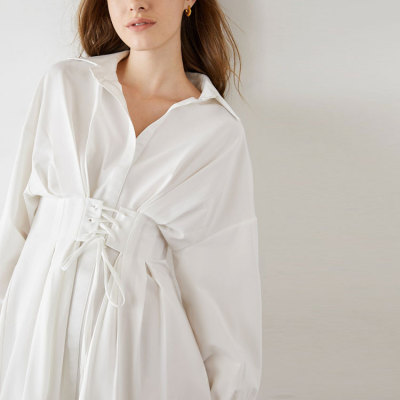 Custom elegant dress | white corset waist dress | back detall stain shirtdress