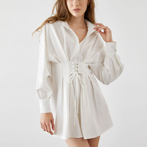 Custom elegant dress | white corset waist dress | back detall stain shirtdress