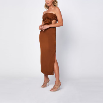 Custom elegant dress | pelisse knot halterneck dress | cut out waist maxi dress in brown