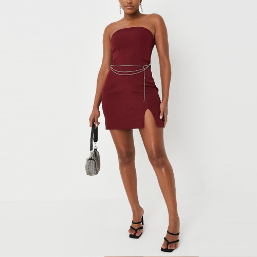 Custom elegant dress |underwired strappy bodycon dress | bandeau ruched split dress in scarlet