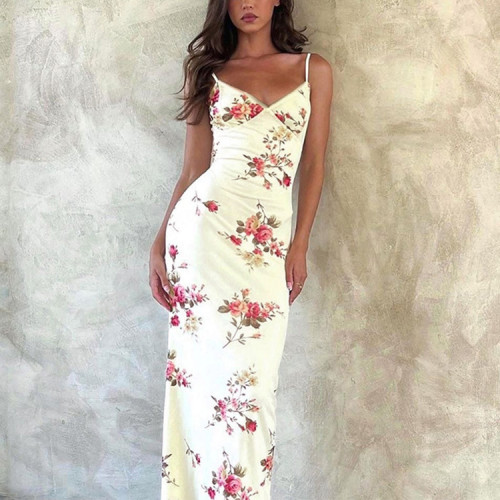 Custom slip dress | V-neck printing dress | sexy slim dress | backless maxi dress