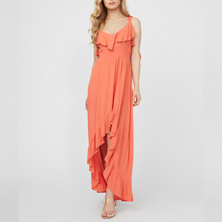 Orange ruffled sleeveless maxi dress
