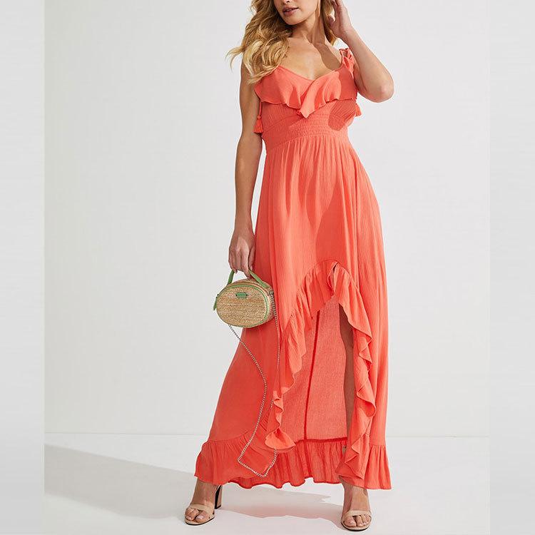 Orange ruffled sleeveless maxi dress