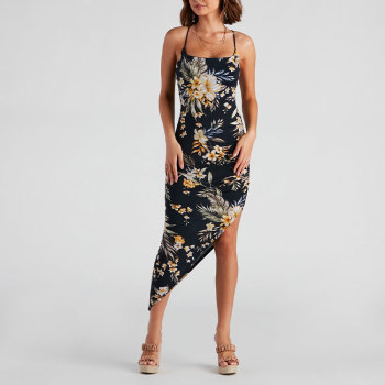 Custom sexy dress |  blue chiffon dress | floral print tulip skirt midi dress
