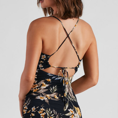 Custom sexy dress |  blue chiffon dress | floral print tulip skirt midi dress