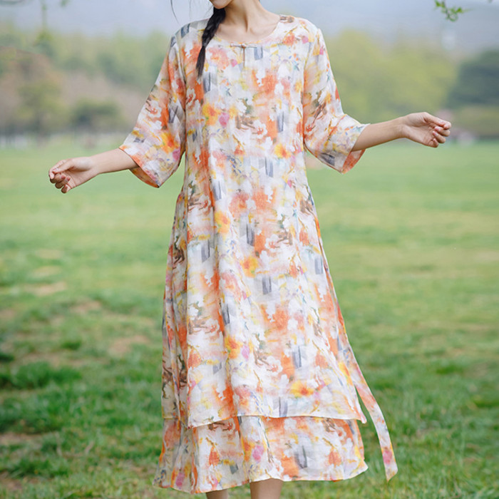 Custom ramie dress | temperament dress | oil painting style dress | camellia element dress