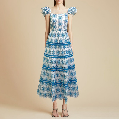 Custom vintage dress | temperament embroidered dress | openwork dress | elegant square neck dress