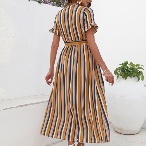 Custom new dress | summer short sleeves dress | striped simple dress | split dress