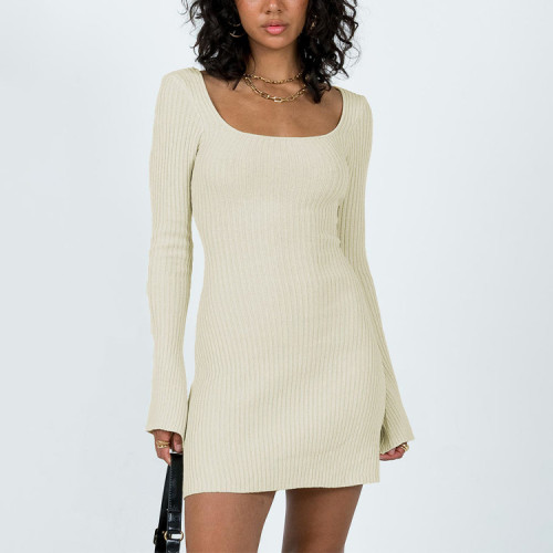 Custom solid color dress | knitted long sleeve dress | backless sexy dress