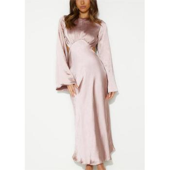 Custom dresses | pink dress | hollow out dress | satin dress | long sleeve dress | backless dress.