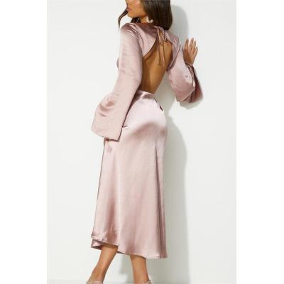 Custom dresses | pink dress | hollow out dress | satin dress | long sleeve dress | backless dress.