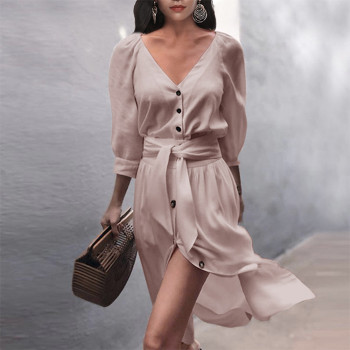 Custom dress | long sleeve V-neck dress | solid color sexy dress | loose large size dress