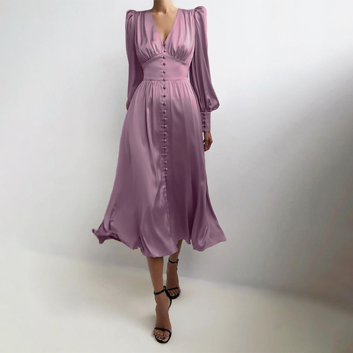 Custom women's dress | V-neck long dress | satin court waist dress | vintage dress