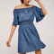 Custom elegant dress | chambray bardot dress | denim tiered mini dress