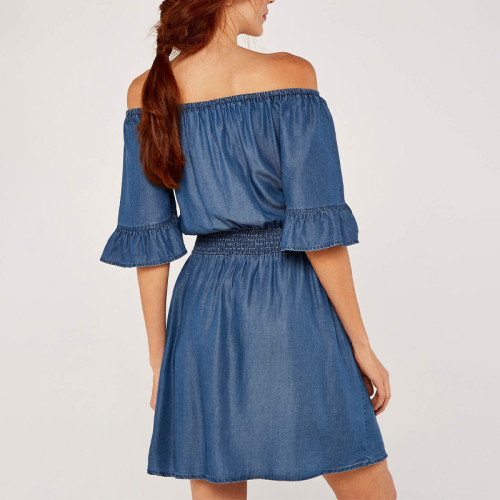 Custom elegant dress | chambray bardot dress | denim tiered mini dress