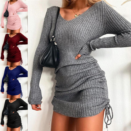 Custom knitted V-neck dress | long sleeve short dress | sexy solid color dress | drawstring dress