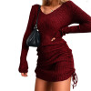 Custom knitted V-neck dress | long sleeve short dress | sexy solid color dress | drawstring dress