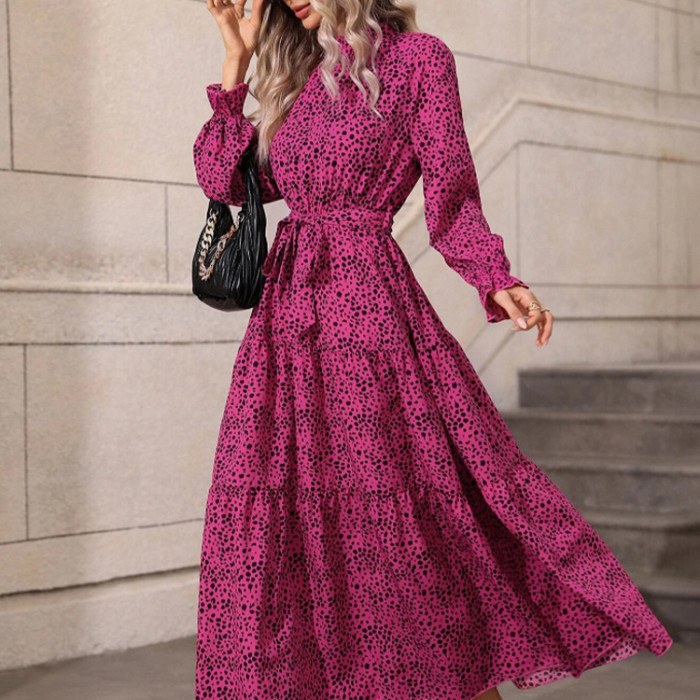 Custom women's new dress | printing dress | stand collar dress | ruffled long sleeve dress