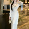 Custom luxury dresses | French pleated dresses | V-neck diamond  dresses | puff sleeve long dresses