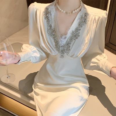 Custom luxury dresses | French pleated dresses | V-neck diamond  dresses | puff sleeve long dresses