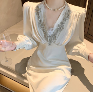 Custom luxury dresses | French pleated dresses | V-neck diamond  dresses | puff sleeve long dresses