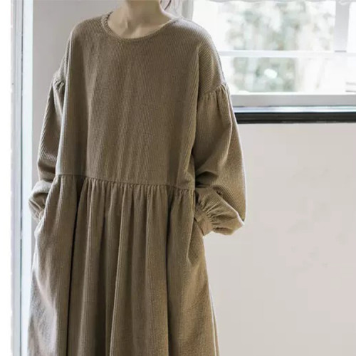 Custom dress | Corduroy dress | Khaki loose long-sleeved dresses | Casual dresses | Plus size dress