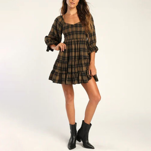 Custom plaid dresses | puff sleeves tiered dresses | long sleeves dresses