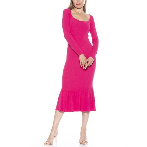 Custom women's sexy dresses | long sleeve ribbed dresses | knitted square neck long dresses