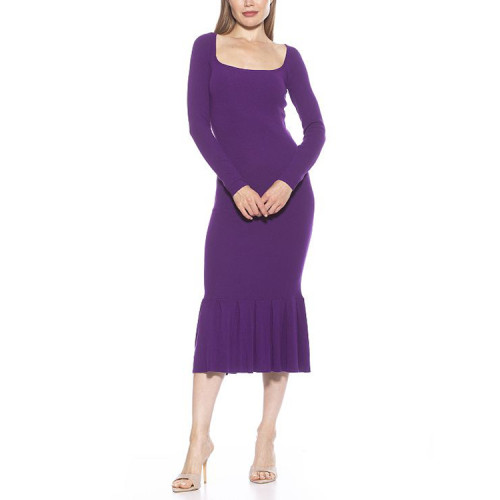 Custom women's sexy dresses | long sleeve ribbed dresses | knitted square neck long dresses