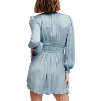 Custom new dress | acetate fabric dress | blue V-neck balloon sleeve mini dress