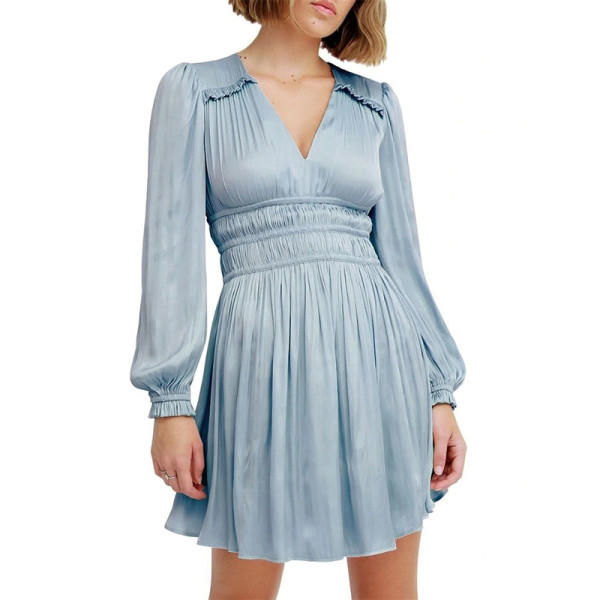 Custom new dress | acetate fabric dress | blue V-neck balloon sleeve mini dress