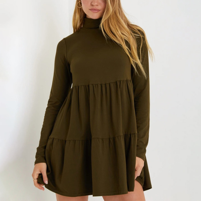 Custom casual dresses | fall olive green dresses | high neck babydoll dresses