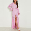 Custom pink dress | long sleeve side slit maxi dress | linen-cotton dress | OEM dress