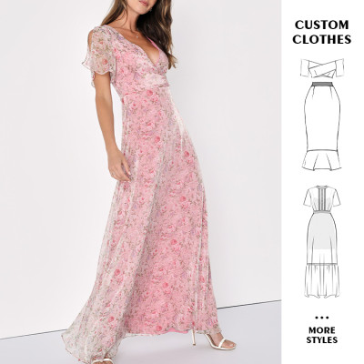 OEM dress | v-neck dress | split dresses | summer dresses | women long dresses | pink dress