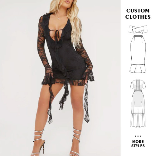 OEM dresses | Black sexy dress | Lace dress | Short dress | Deep v low cut dress | Ruffle dress