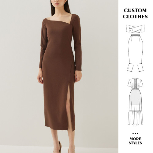 OEM dresses | Brown dress | Cotton dress | Long-sleeved dresses | Split dress | Minimalist dresses