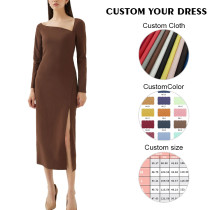 OEM dresses | Brown dress | Cotton dress | Long-sleeved dresses | Split dress | Minimalist dresses
