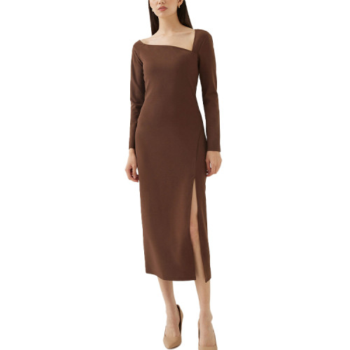 OEM dresses | Brown dress | Cotton dress | Long-sleeved dresses | Split dress | Minimalist dresses