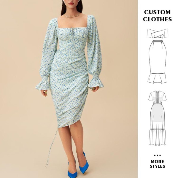 OEM dress | Blue dress | Floral dress | Long sleeve dresses | Waist-length dress | Plus size dress