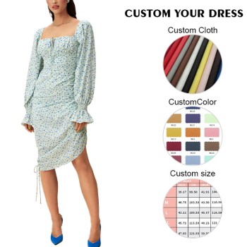 OEM dress | Blue dress | Floral dress | Long sleeve dresses | Waist-length dress | Plus size dress