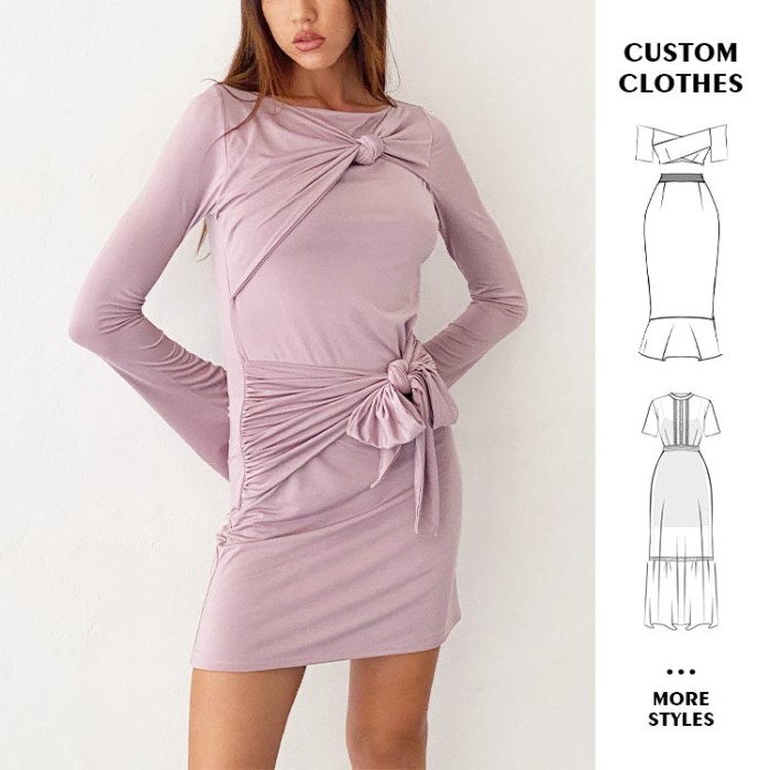 OEM dress | Purple dress | Long-sleeved dresses | Bow-tie design dress | Skinny wrap dresses