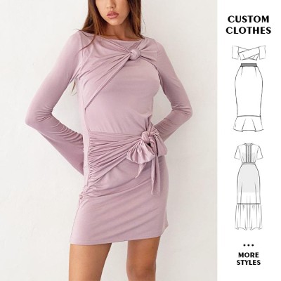 OEM dress | Purple dress | Long-sleeved dresses | Bow-tie design dress | Skinny wrap dresses