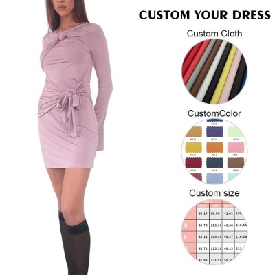 OEM dress | Purple dress | Long-sleeved dresses | Bow-tie design dress | Skinny wrap dresses