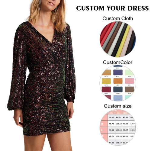 OEM dresses | Deep v-neck dress | Beaded dress | Long sleeve dress | Black dress | Fashion dresses