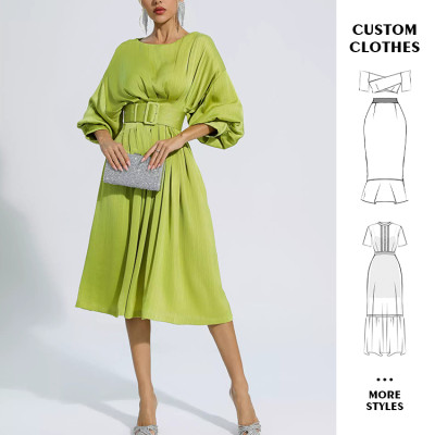 OEM dresses | Mid dress | Puff dresses | Elegant dresses | Green dresses | Waist belt dress