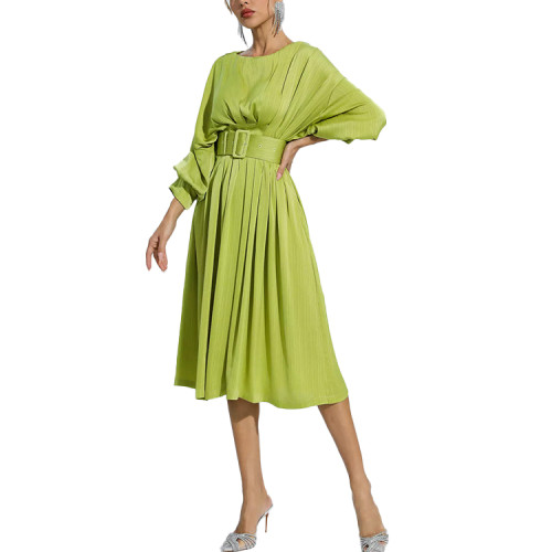 OEM dresses | Mid dress | Puff dresses | Elegant dresses | Green dresses | Waist belt dress